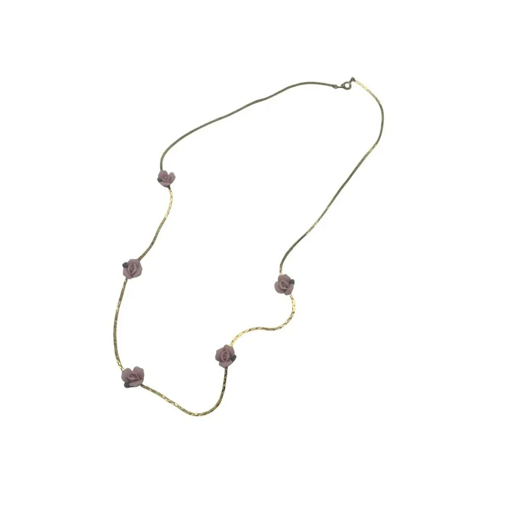 Vintage Gold-Tone Necklace With Pink Rose Accents & Delicate Chain Pre-Owned
